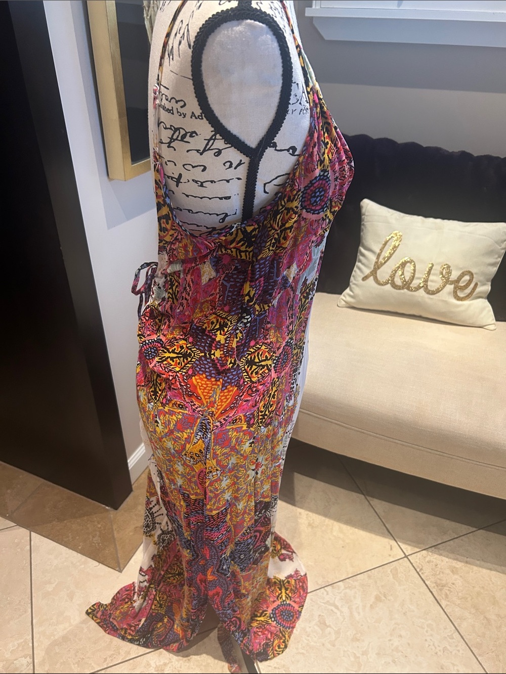 Free People White Maxi Dress with Pink, Yellow & Green Floral Print Slip Incl - Picture 3 of 5